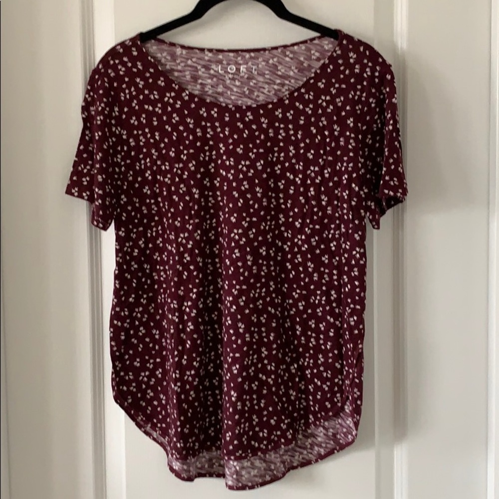 LOFT Maroon/White Rounded Hem Short Sleeves  Cotton Blend Print Top Size Small